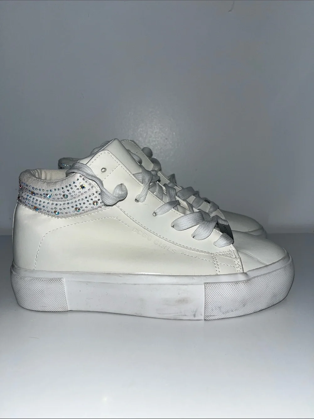 BCBGirls Big Girl Sz 3 White High-Top Sneakers w/ Rhinestones, Call Outs